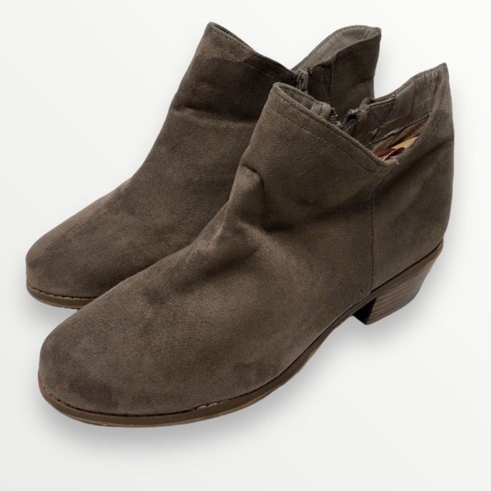 Torrid Taupe Slouchy Ankle Boots Bootie Side Zip Faux Suede Vegan 2” Block Heel